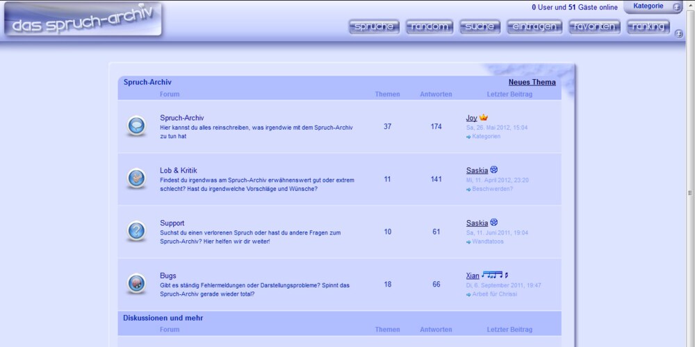 Ein Screenshot vom Forum des Spruch-Archivs. Man sieht eine Liste der Boards