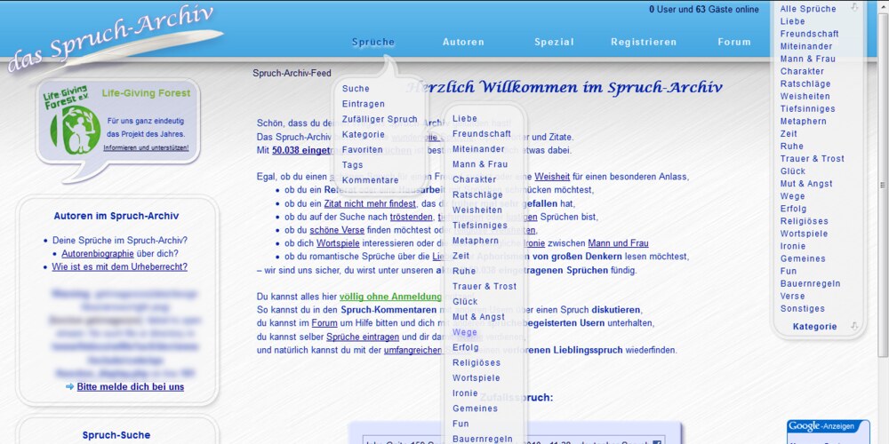 Ein Screenshot einer Webseite: Das in einem blau-silber-metallic gehaltene Design des Spruch-Archivs mit transparenten Ausklapp-Menüs in Spruchblasen-Optik