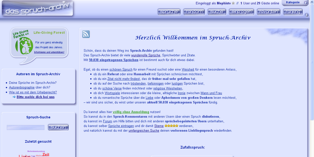Ein Screenshot der Startseite des Spruch-Archivs: Eine blaue Webseite mit vielen Sprüchen, einer blauen Menüführung und blauen Kästchen mit Inhalt