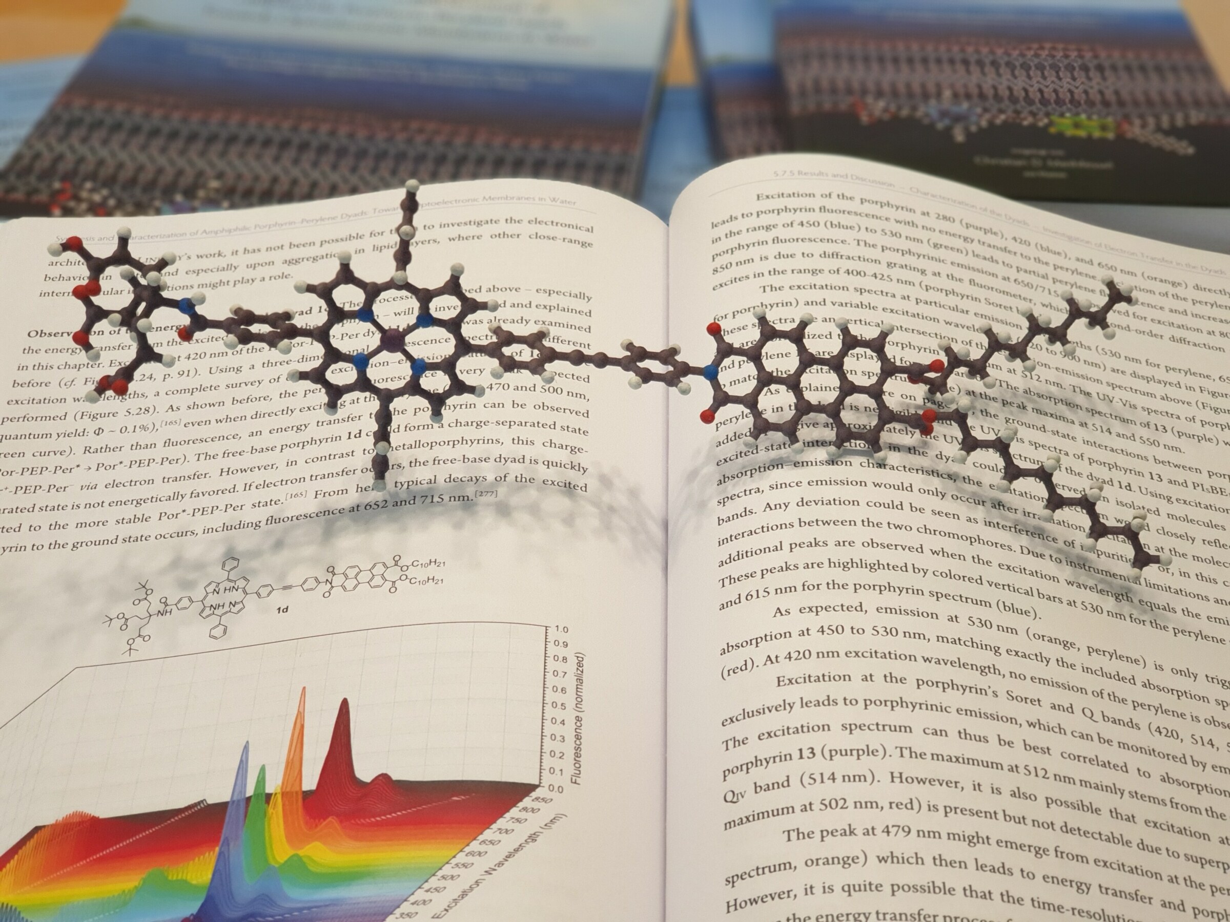 Ein 3D-gedrucktes Molekül liegt auf einem geöffneten, englischsprachigen Buch. Im Hintergrund liegen weitere geschlossene Bücher