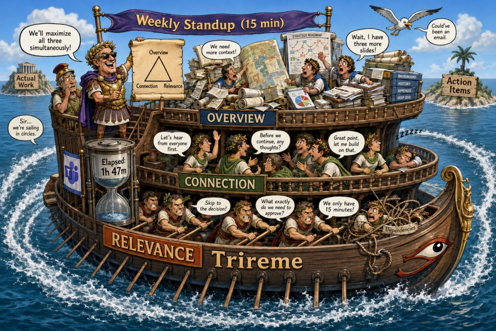 Cartoon of an overloaded Roman trireme labeled "Weekly Standup (15 min)." The captain declares "We'll maximize all three simultaneously!" - a crewman replies "Sir... we're sailing in circles." Overloaded with reports, chatter, and rowing orders.