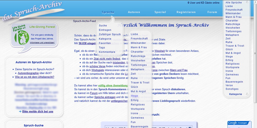 Ein Screenshot einer Webseite: Das in einem blau-silber-metallic gehaltene Design des Spruch-Archivs mit transparenten Ausklapp-Menüs in Spruchblasen-Optik