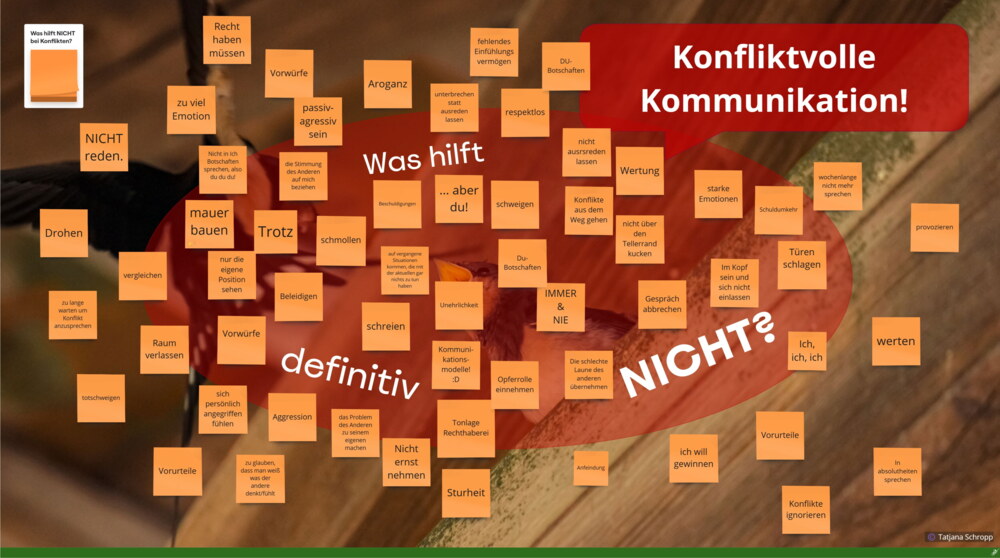 Das Bild zeigt die Überschrift „Konfliktvolle Kommunikation!“ und die Frage „Was hilft definitiv NICHT?“ umgeben von Notizzetteln mit negativen Kommunikationsweisen. Im Hintergrund ist ein Vogelfoto.