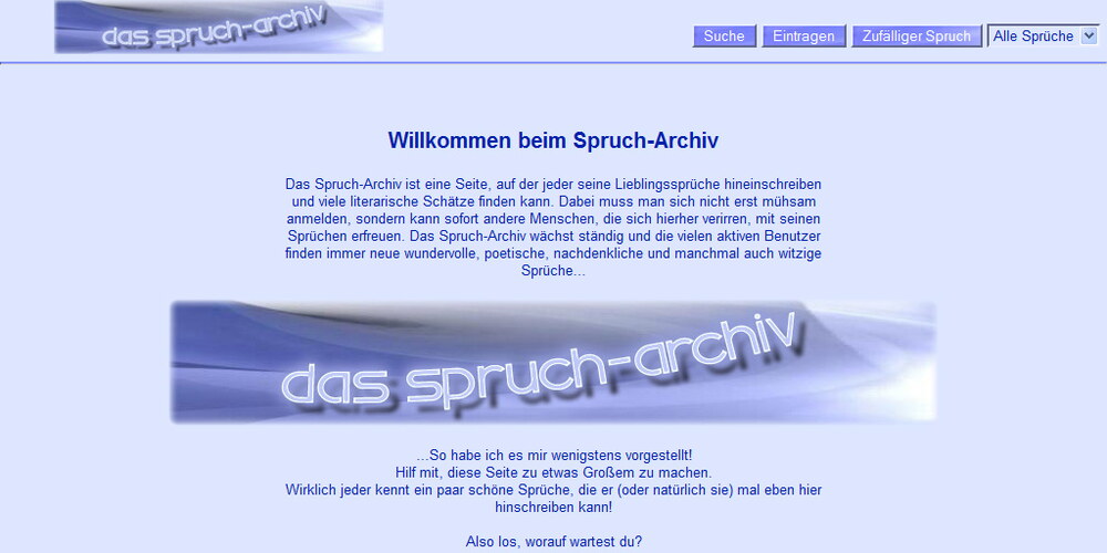 Ein Screenshot vom Spruch-Archiv. Eine blaue Webseite mit blauen Buttons.