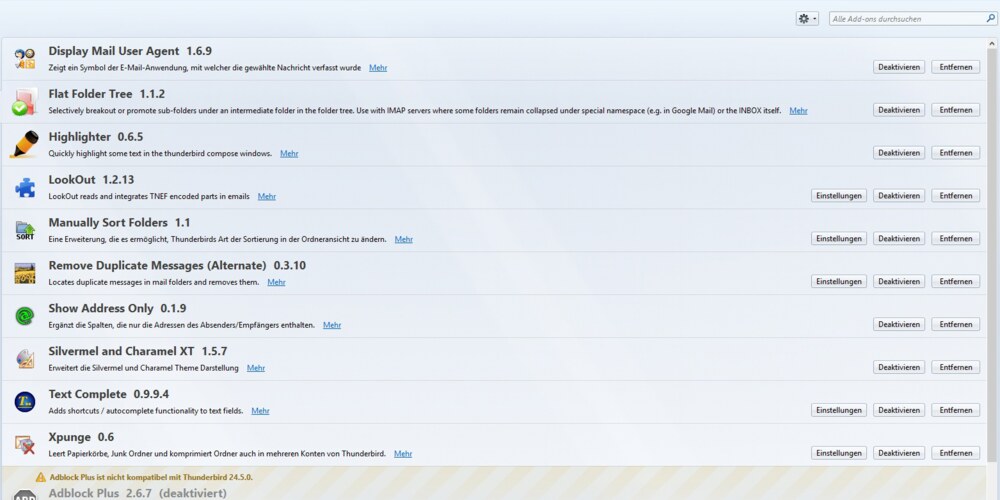 Eine Liste von Thunderbird-Erweiterungen als Screenshot