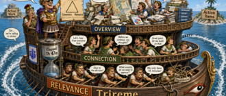 Cartoon of an overloaded Roman trireme labeled "Weekly Standup (15 min)." The captain declares "We'll maximize all three simultaneously!" - a crewman replies "Sir... we're sailing in circles." Overloaded with reports, chatter, and rowing orders.