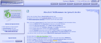 Ein Screenshot der Startseite des Spruch-Archivs: Eine blaue Webseite mit vielen Sprüchen, einer blauen Menüführung und blauen Kästchen mit Inhalt