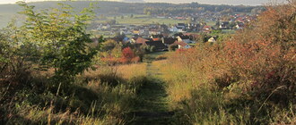 Ein kleiner Trampelpfad führt geradewegs herab ins Dorf. Die Büsche und Bäume sind herbstlich eingefärbt. Der Himmel ist klar und strahlend blau.