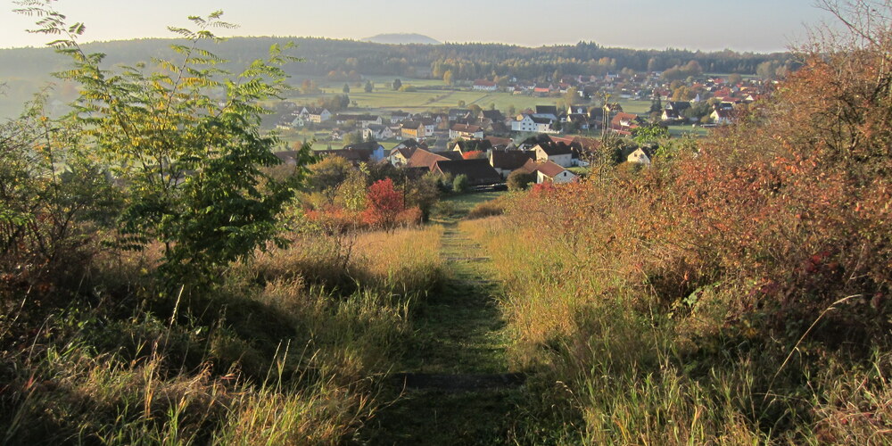 Ein kleiner Trampelpfad führt geradewegs herab ins Dorf. Die Büsche und Bäume sind herbstlich eingefärbt. Der Himmel ist klar und strahlend blau.